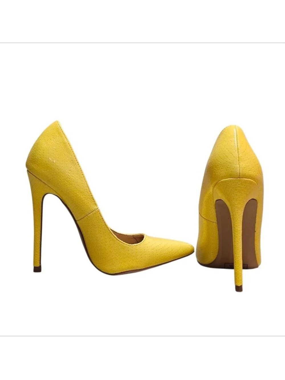 Yellow High Heel Pumps With Faux Snakeskin Texture & Pointed Toe Design